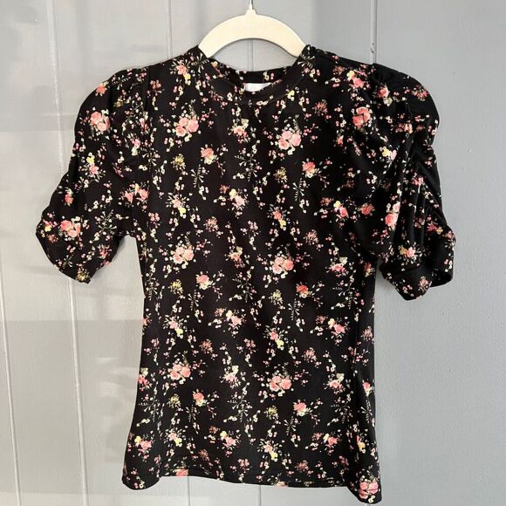 Floral Top Ruched‎ Sleeve Crew Neck Top Black Pink medium fairy goth whimsigoth